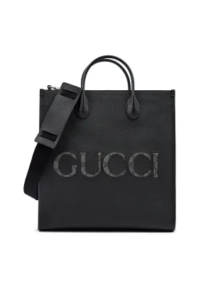 Black Leather Logo Medium Tote Bag