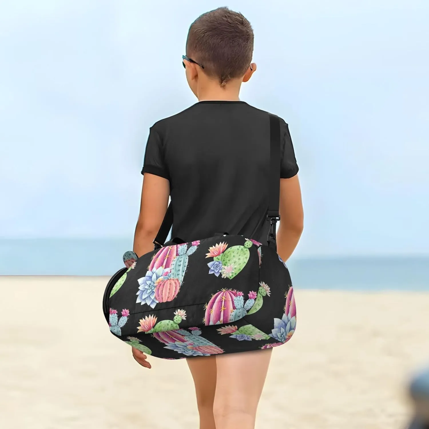 Boys Carry on Duffel Toddler Weekender Bags Watercolor Green Cacti Succulents Black Duffle Bags for Traveling Tote Shoe Compartment