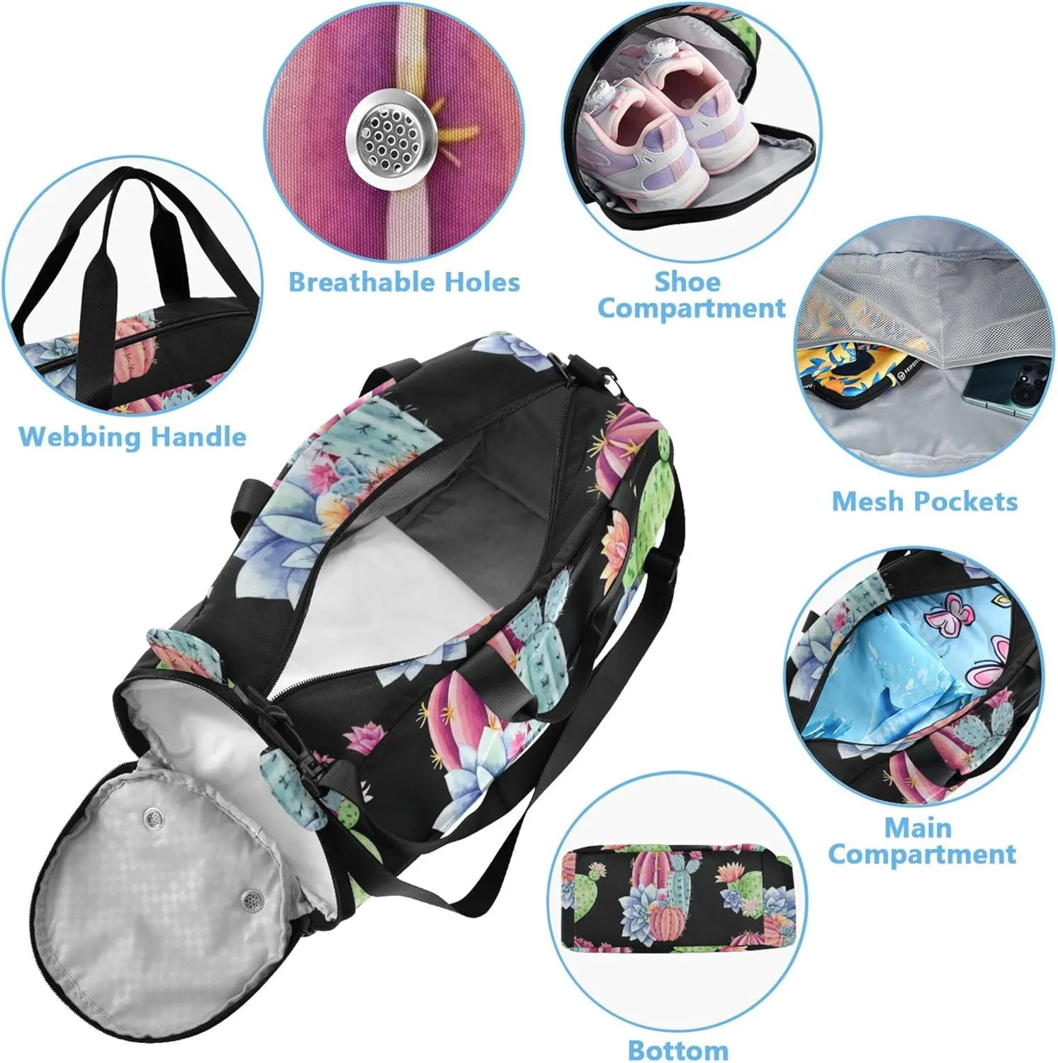 Boys Carry on Duffel Toddler Weekender Bags Watercolor Green Cacti Succulents Black Duffle Bags for Traveling Tote Shoe Compartment
