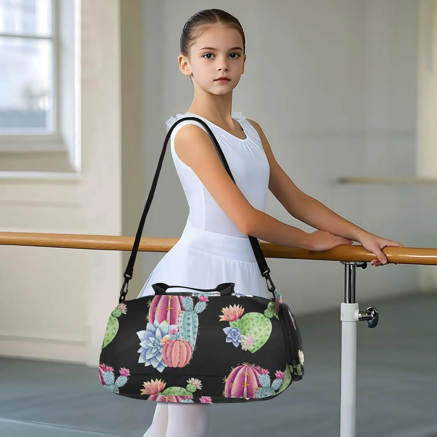 Boys Carry on Duffel Toddler Weekender Bags Watercolor Green Cacti Succulents Black Duffle Bags for Traveling Tote Shoe Compartment