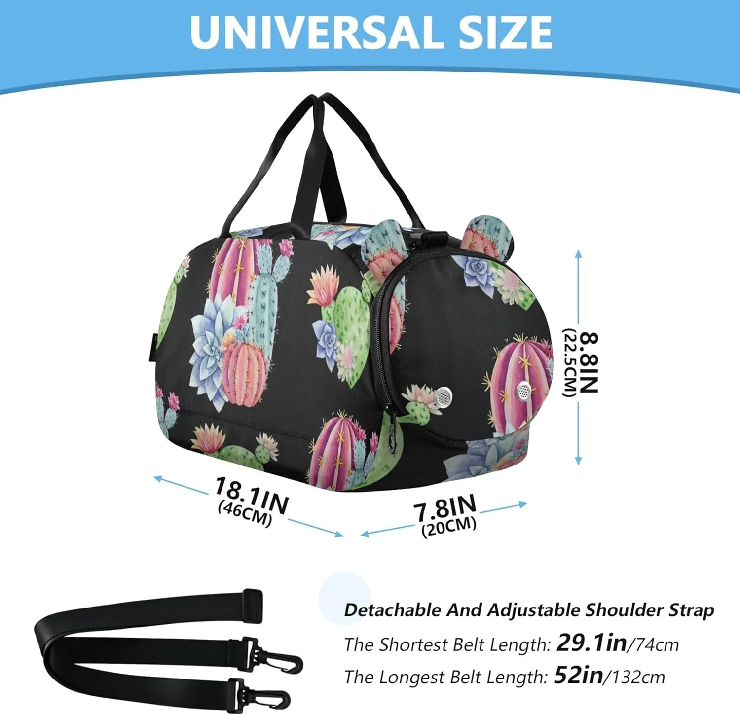Boys Carry on Duffel Toddler Weekender Bags Watercolor Green Cacti Succulents Black Duffle Bags for Traveling Tote Shoe Compartment