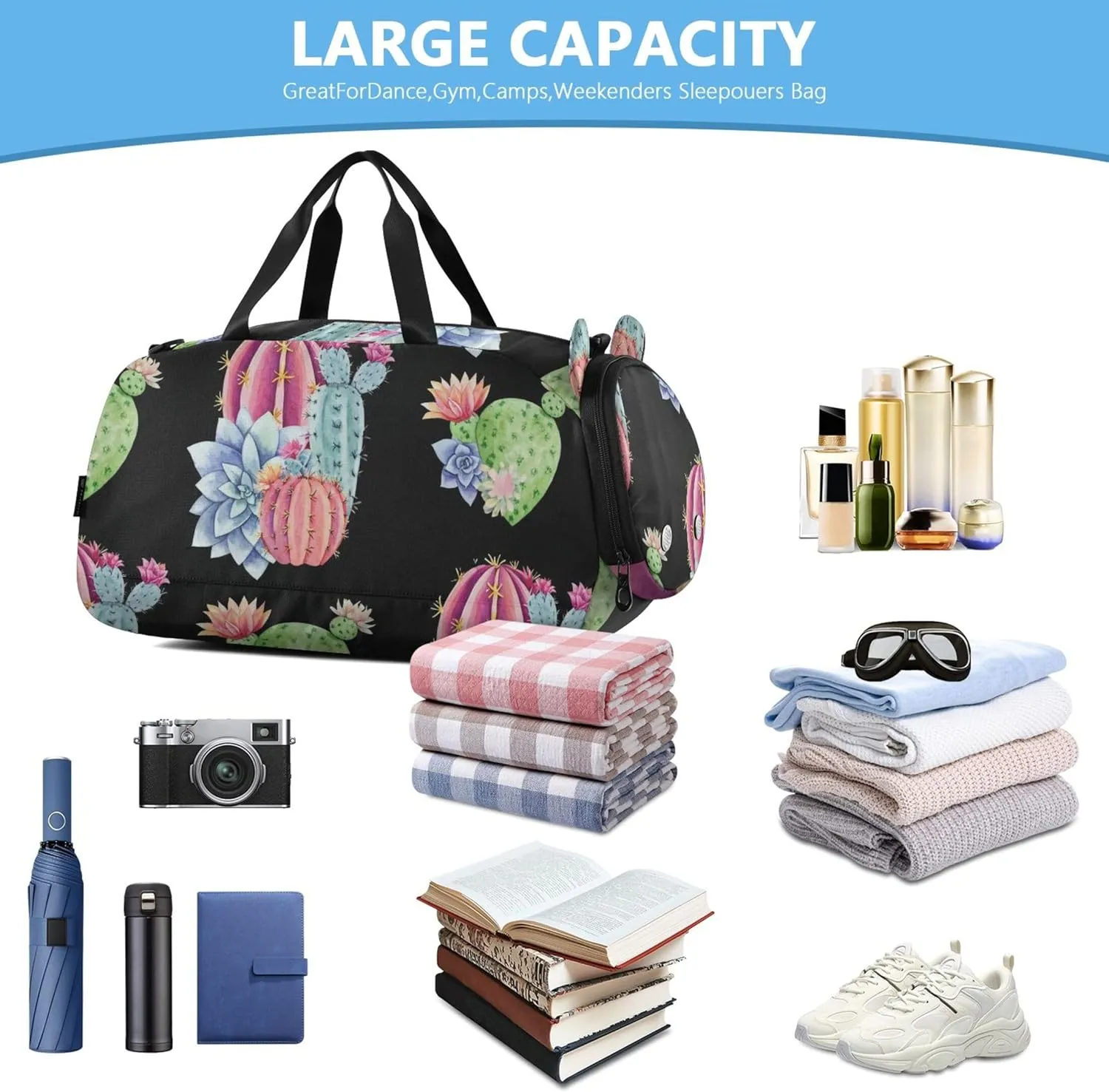 Boys Carry on Duffel Toddler Weekender Bags Watercolor Green Cacti Succulents Black Duffle Bags for Traveling Tote Shoe Compartment