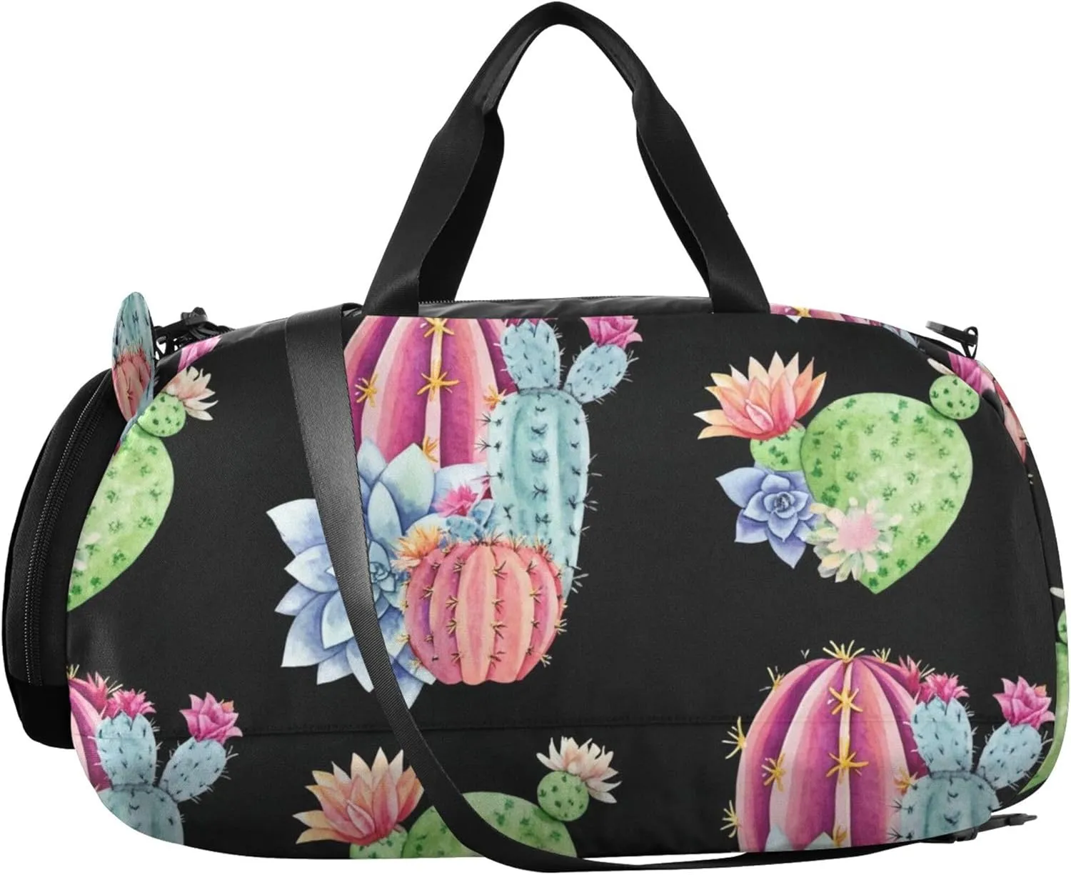 Boys Carry on Duffel Toddler Weekender Bags Watercolor Green Cacti Succulents Black Duffle Bags for Traveling Tote Shoe Compartment