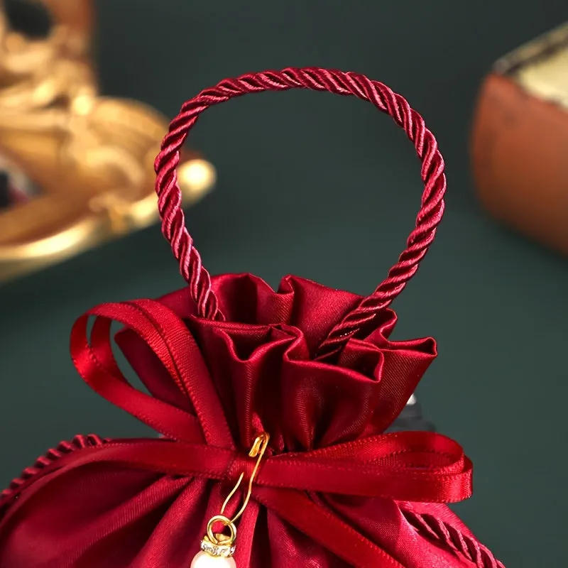 FLIXBLANY 10pcs Red Satin Drawstring Candy Bags with Pearl Charm and Tassel, Foldable Handheld Gift Bags for Wedding, Christmas, Birthday Party Decorations and Packaging