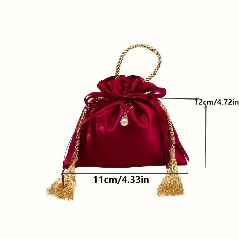 FLIXBLANY 10pcs Red Satin Drawstring Candy Bags with Pearl Charm and Tassel, Foldable Handheld Gift Bags for Wedding, Christmas, Birthday Party Decorations and Packaging