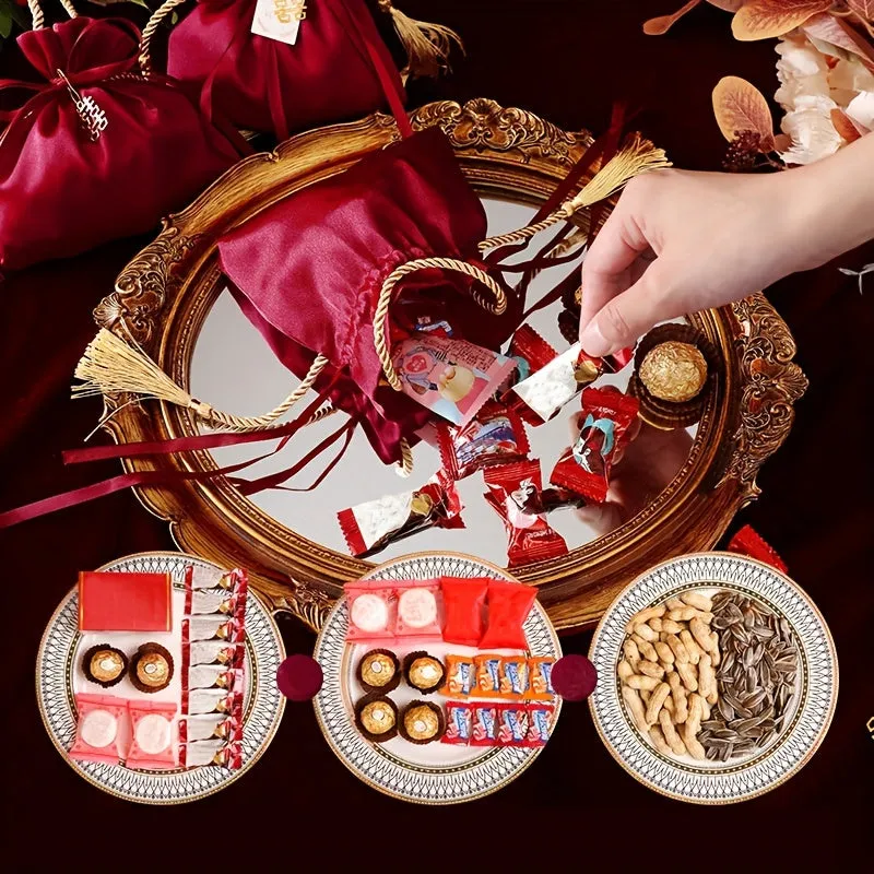 FLIXBLANY 10pcs Red Satin Drawstring Candy Bags with Pearl Charm and Tassel, Foldable Handheld Gift Bags for Wedding, Christmas, Birthday Party Decorations and Packaging