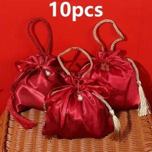 FLIXBLANY 10pcs Red Satin Drawstring Candy Bags with Pearl Charm and Tassel, Foldable Handheld Gift Bags for Wedding, Christmas, Birthday Party Decorations and Packaging