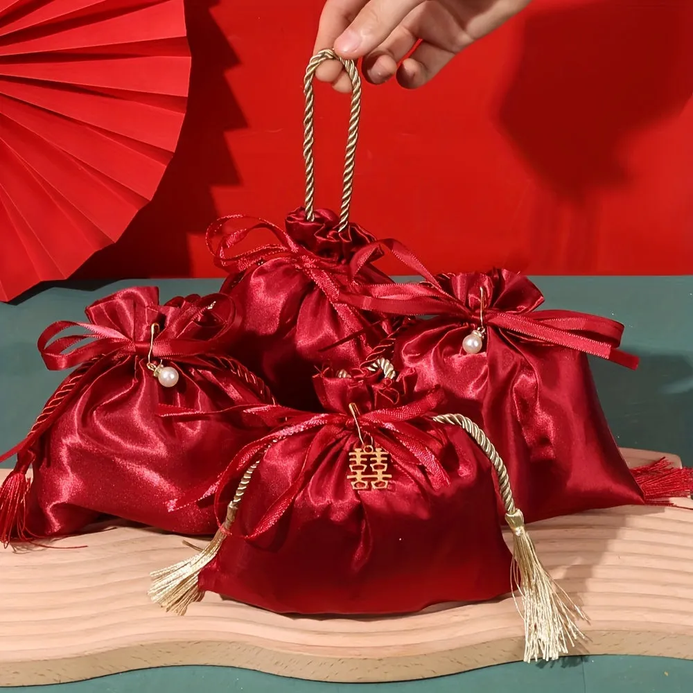 FLIXBLANY 10pcs Red Satin Drawstring Candy Bags with Pearl Charm and Tassel, Foldable Handheld Gift Bags for Wedding, Christmas, Birthday Party Decorations and Packaging
