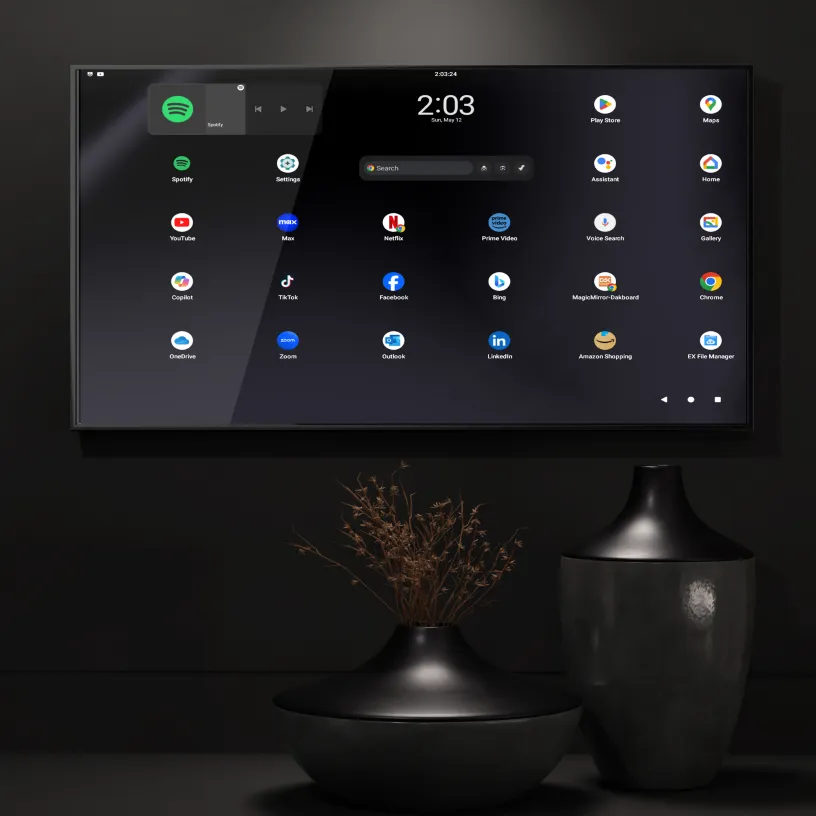 Framed DAKboard Android Touchscreen Smart Mirror - 32"Samsung QLED in 19"X30"X2" Satin Black Aluminum Frame
