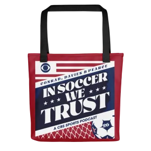 In Soccer We Trust Podcast Key Art Premium Tote Bag