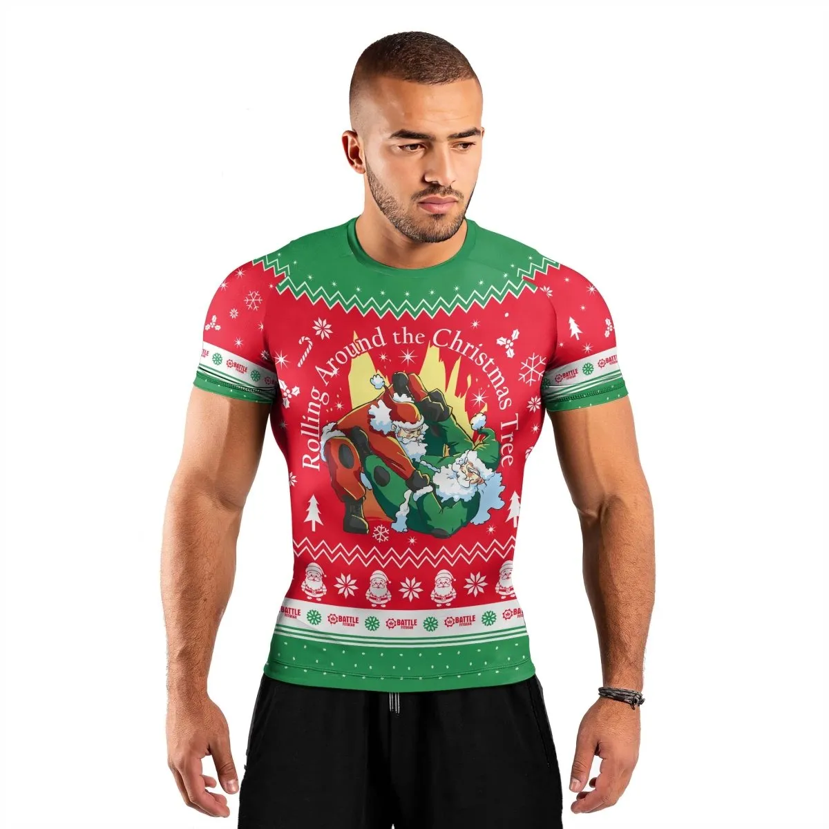 Santa Rolling Around Christmas Men's Short Sleeve Rash Guard