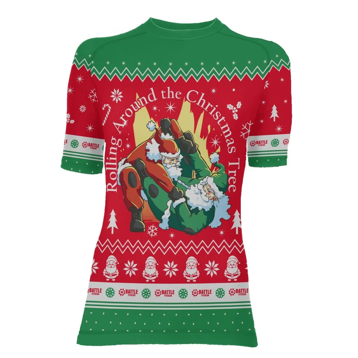 Santa Rolling Around Christmas Women's Short Sleeve Rash Guard