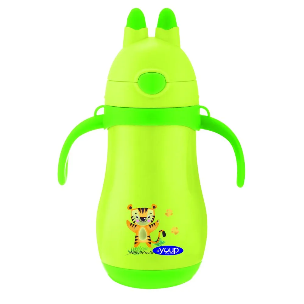 Youp Stainless Steel Insulated Green Color Kids Sipper Bottle With Handle Wiggly - 350 Ml