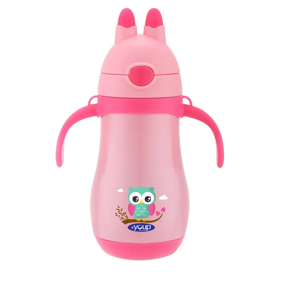Youp Stainless Steel Insulated Pink Color Kids Sipper Bottle With Handle Wiggly - 350 Ml